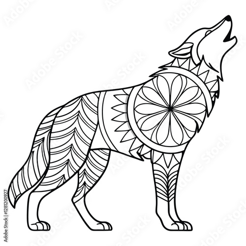 Intricate Howling Wolf Coloring Page: Detailed Mandala Style Animal Illustration for Relaxation and Creative Art Therapy