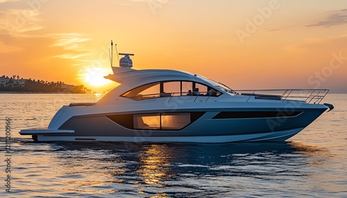 Sporty and sleek aluminum boat, optimized for various water activities, shimmering finish, hightech, and efficient design, cruising on open waters under a clear sky