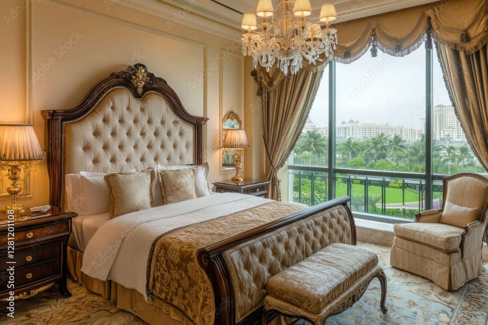 Fototapeta premium Luxurious and Elegant Bedroom Interior with Window View and Classic Furniture Design