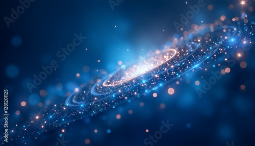 Abstract deep blue background with shimmering white and gold light particles, resembling a cosmic galaxy, creating a stunning visual effect