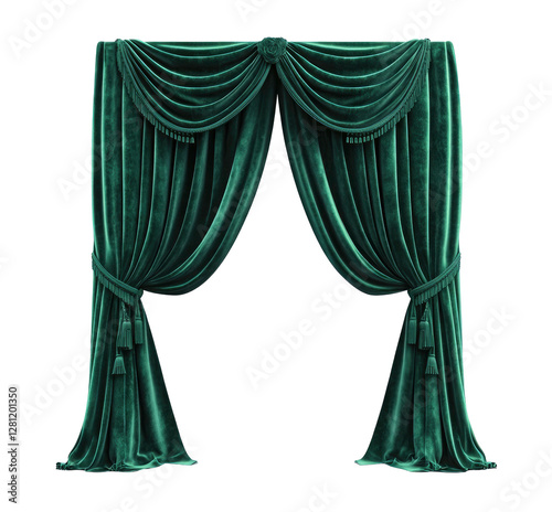 Luxurious emerald green velvet curtains with decorative tassels on transparent background 