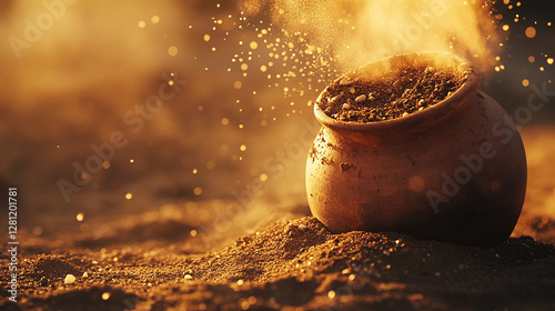 Loose dry soil trickling from a rustic clay jar