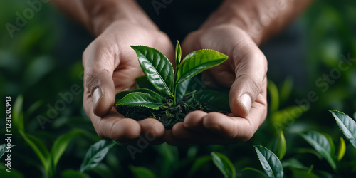 A close-up shot of fresh tea leaves being plucked from a tea plant, hands holding a plant