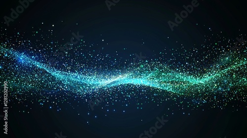 The futuristic digital landscape is a glowing green cyberspace with fast-moving data streams and radiant particles