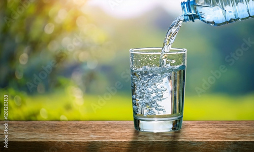 Pouring Crystal Clear Water into a Glass with a Vibrant Green Outdoor Background