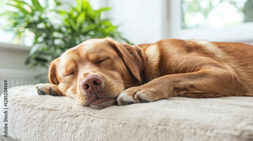 Calm dog sleeping on cozy couch in bright living room indoor pet relaxing home environment peaceful atmosphere Calm dog sleeping on cozy couch in bright living room indoor pet relaxing home environment peaceful atmosphere