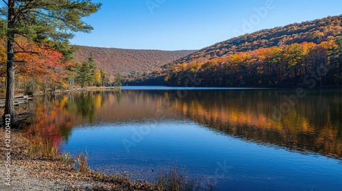 A serene mountain lake reflecting autumn foliage