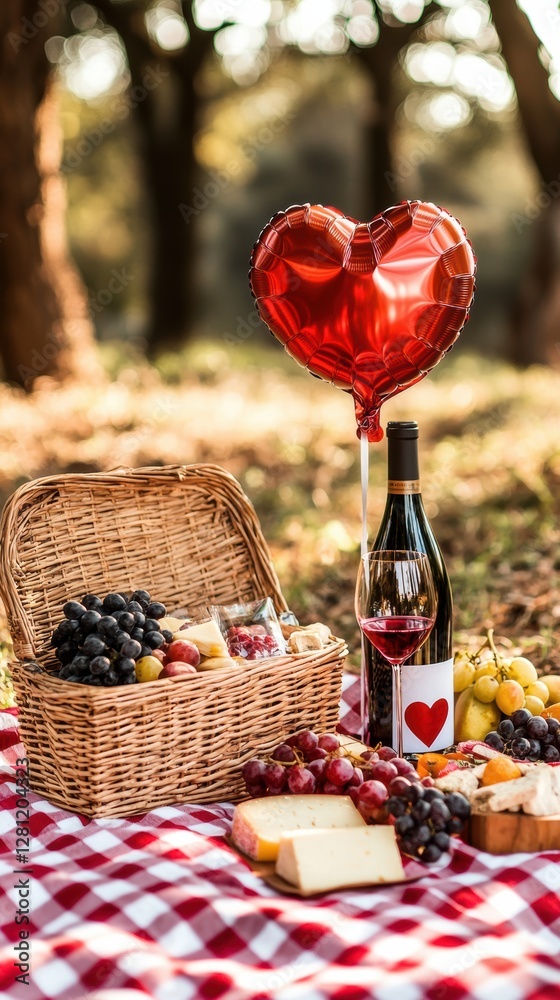 Serene romantic picnic with wine cheese and heartshaped balloon Serene romantic picnic with wine cheese and heartshaped balloon