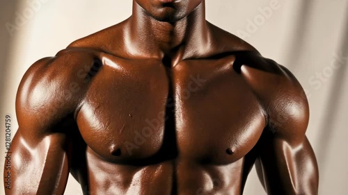 Bodybuilder posing with impressive physique in studio lighting showcasing strength and muscle definition