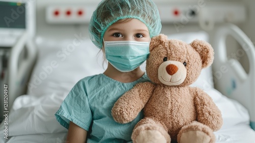 Child in Hospital Bed Holding Teddy Bear with Medical Attire