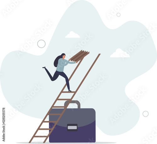 Build ladder of success, develop stair to improve opportunity, career path or job achievement, growth step to progress overcome challenge concept,flat character life .