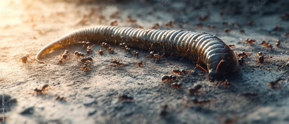 Ants devouring a millipede on the ground. Ants devouring a millipede on the ground.