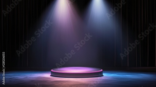 The display space features a blue platform accompanied by abstract lighting effects and shadows, forming a dynamic and visually interesting setting