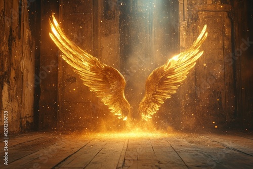 Majestic golden angel wings spread wide open in a wooden room with ethereal light and sparkling dust, symbolizing freedom, spirituality, and guidance, Generative AI