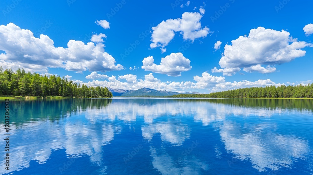 Serene Blue Lake with Mountain Reflection under a Sunny Sky Serene Blue Lake with Mountain Reflection under a Sunny Sky