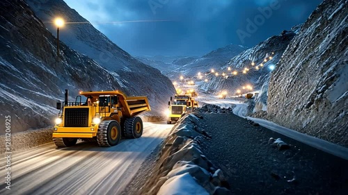 Mining Trucks Navigate Snowy Mountain Pass: Industrial machines navigate a snow-covered mountain pass, their headlights illuminating the way.