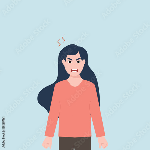 Angry frustrated young woman screaming. Irritation, mad expression, frustration and negative emotion vector graphic illustration.