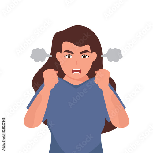 Angry screaming young woman  with steam coming out of his ears. Irritation, mad expression, frustration and negative emotion vector graphic illustration.