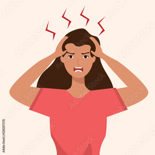 Angry frustrated young woman screaming. Irritation, mad expression, frustration and negative emotion vector graphic illustration.