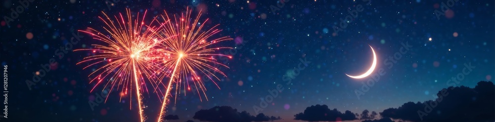 Fototapeta premium Sparkling fireworks light up the night sky with glittering stars and a crescent moon background glow, fireworks, confetti