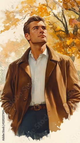 Vintage Illustration of a Thoughtful Adult White Man with Brown Straight Hair in Autumn, Ideal for Historical or Classic-Themed Content, Generative AI
