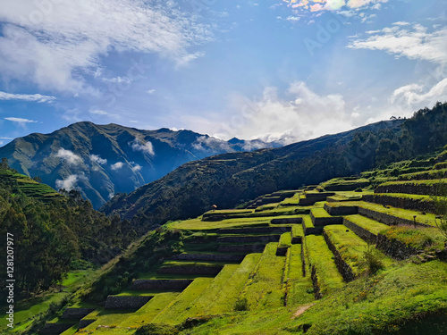 Ancient Inca Terraces in front of Mountains, Inca Steps, Sacret Valley, Cusco, Peru, Stock Photo photo