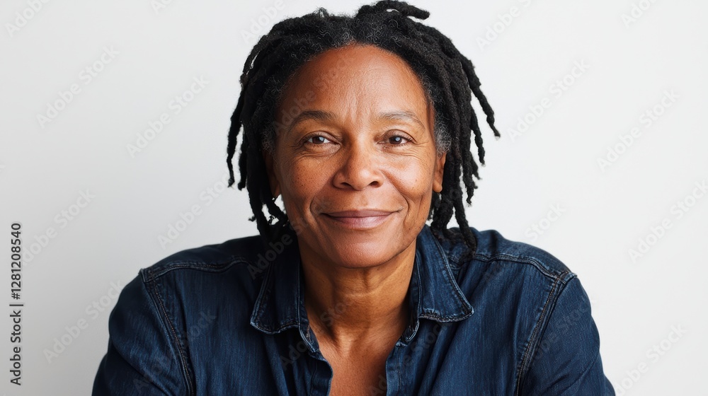 Smiling black woman in denim shirt studio portrait on white background Smiling black woman in denim shirt studio portrait on white background