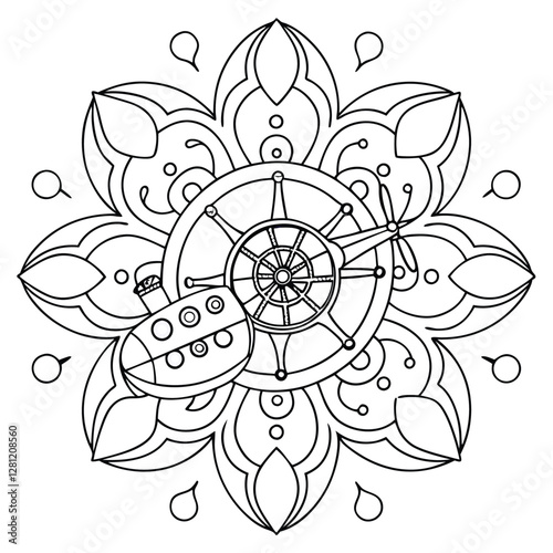 Steampunk Mandala Coloring Page: Intricate Design with Submarine, Compass, and Floral Elements for Relaxation and Creative Fun
