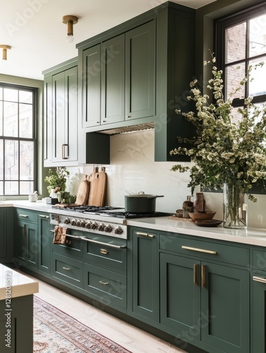Dark green kitchen with white marble backsplash and cabinets
