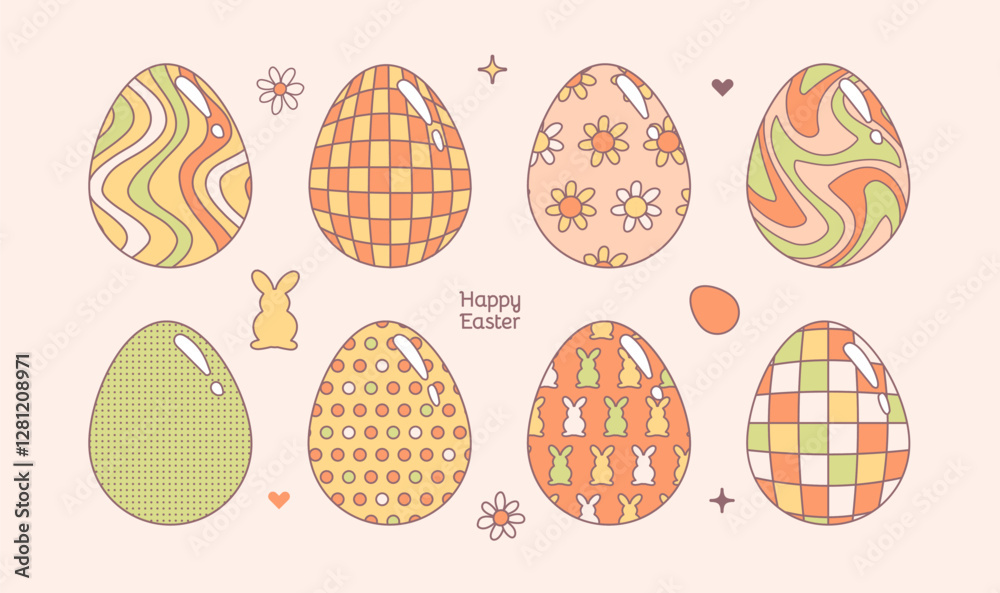 Groovy Floral Hippie Easter eggs set isolated on white. Alternative funny distorted and geometric patterned Retro Easter design. Contour vector illustration. Groovy Floral Hippie Easter eggs set isolated on white. Alternative funny distorted and geometric patterned Retro Easter design. Contour vector illustration.