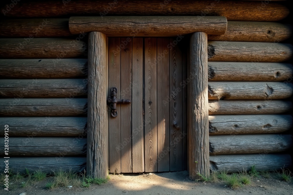 Rustic Wooden Doorway in a Log Cabin Structure with Sunlit Path Rustic Wooden Doorway in a Log Cabin Structure with Sunlit Path