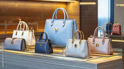 Elegant Handbags Displayed: A captivating showcase of an assortment of stylish handbags of varied sizes and hues, arranged thoughtfully on a polished glass surface.