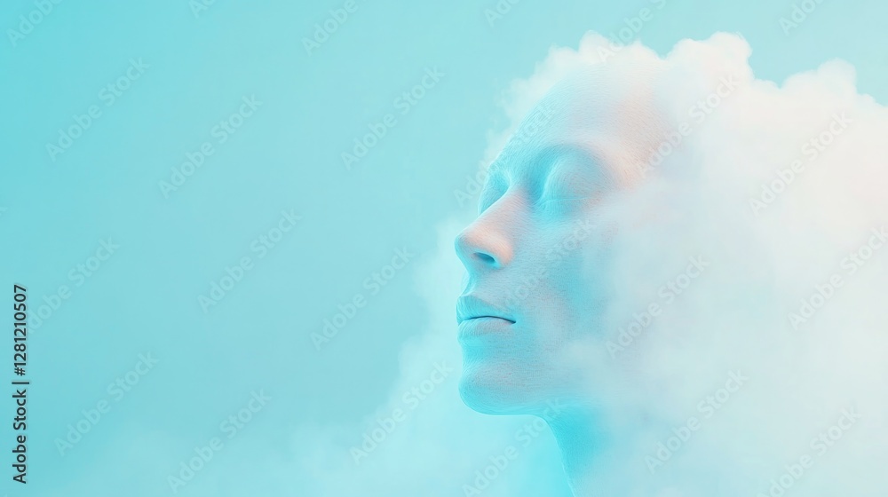 surreal representation of cloning through row of identical human faces emerging from mist fading gradually into ethereal