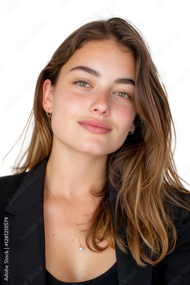 Young woman with natural beauty and subtle freckles, wearing a black blazer and showcasing confidence against a dark backdrop Young woman with natural beauty and subtle freckles, wearing a black blazer and showcasing confidence against a dark backdrop
