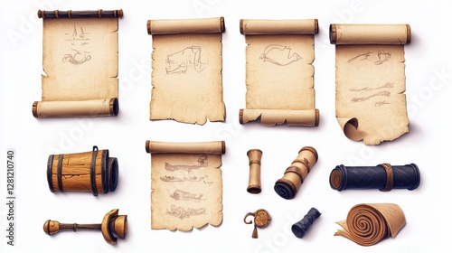 A set of icons for games. Paper scrolls Highlighted on a white background