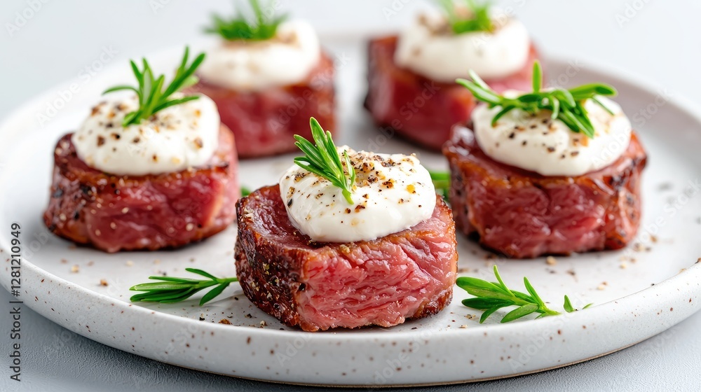 Appetizer of Grilled Beef Bites with Creamy Topping, Light Grey Background Appetizer of Grilled Beef Bites with Creamy Topping, Light Grey Background