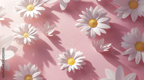 Stylized image of white paper daisies artfully arranged on a pale pink surface Soft sunlight casts shadows creating a gentle aesthetically pleasing composition
