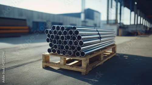 Stack of Steel Pipes on Wooden Pallet in Industrial Warehouse