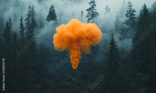 Dramatic Orange Smoke Cloud in Forest Setting - Mysterious Fog, Gas, and Puff in Nature Scene for Atmospheric Effects, Generative AI