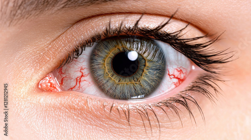 A close-up image of a human eye, showcasing vibrant green and brown hues with visible bloodshot veins, highlighting details of the iris and lashes.