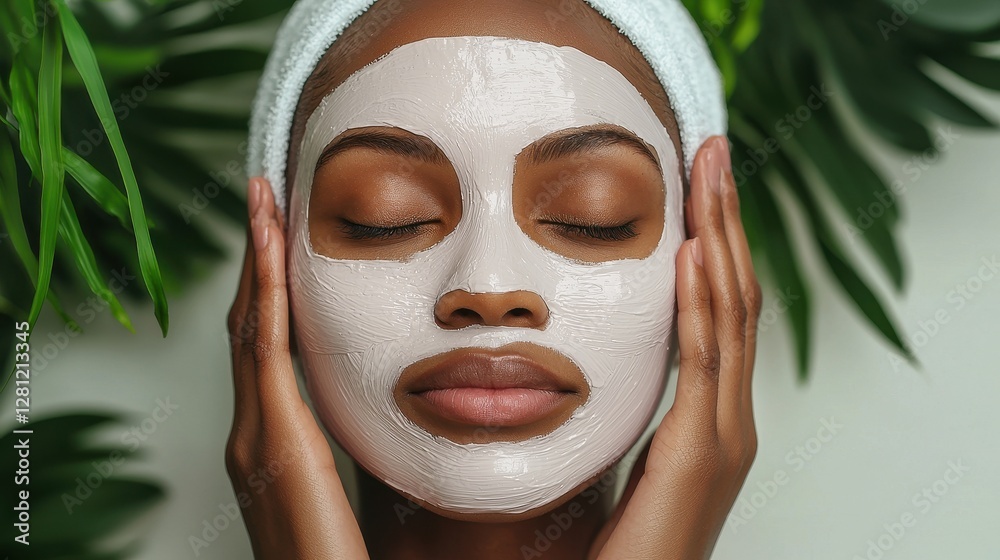 Serene Woman Applying Facial Mask Surrounded by Greenery Serene Woman Applying Facial Mask Surrounded by Greenery