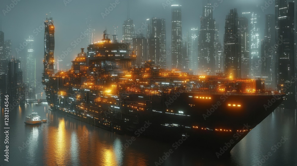 Fototapeta premium A futuristic cargo ship dominates a nighttime cityscape view