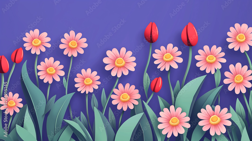 Charming Pink Tulips and Daisies on Purple Background Spring Garden Nature Scene Vibrant Floral Beauty Charming Pink Tulips and Daisies on Purple Background Spring Garden Nature Scene Vibrant Floral Beauty