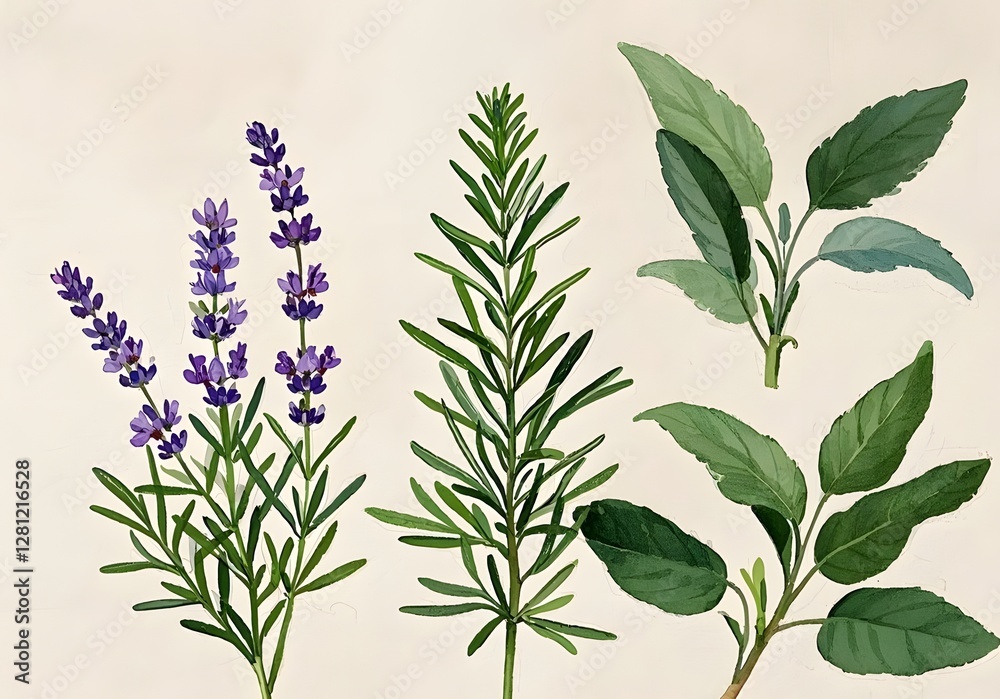 Fototapeta premium A set of watercolor-style botanical illustrations featuring lavender, rosemary, and sage on a light beige paper texture.