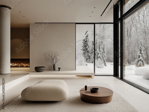 A modern minimalist living room with a winter view
