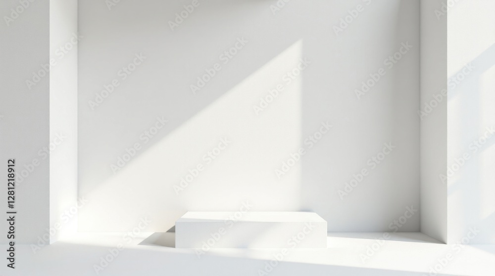 A pristine white room, bathed in sunlight, features a minimalist rectangular platform, ideal for showcasing products or designs. A pristine white room, bathed in sunlight, features a minimalist rectangular platform, ideal for showcasing products or designs.