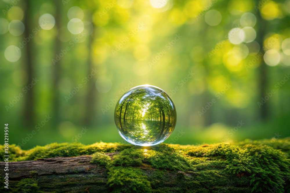 Crystal Sphere on Mossy Log in Sunny Forest Crystal Sphere on Mossy Log in Sunny Forest