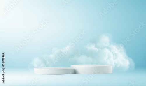 Minimal Clean White Pedestal with Cloudy Sky Backdrop for Display and Branding Design