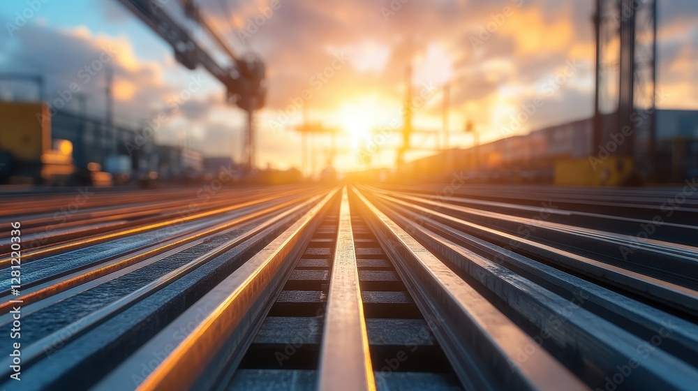 Sunset over Railway Tracks with Reflections in Industrial Setting Sunset over Railway Tracks with Reflections in Industrial Setting