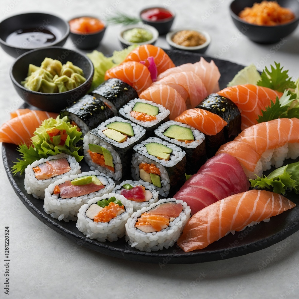 A fresh sushi platter with colorful sashimi and rolls on a white background. A fresh sushi platter with colorful sashimi and rolls on a white background.